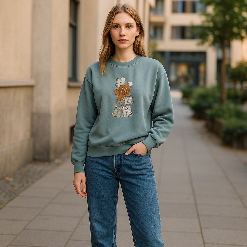 Morning Sun Crewneck Sweatshirt with Ribbed Trim Cat Appliqué Granny Womens L - Picture 1 of 7